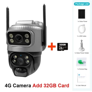 V380 Dual Lens 4G Camera Solar PIR Human Detection Night Vision Waterproof Security Video IP Camara 8MP 4K Battery CCTV Monitor - 4G Cam 32GB Card