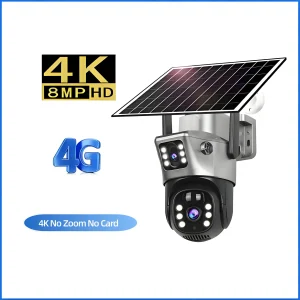 10x Zoom 4G SIM Solar Camera Outdoor 6K 12MP Three Lens HD Night Vision IP Surveillance Camera Security Protection PTZ CCTV Cam - 4K No Zoom No Card